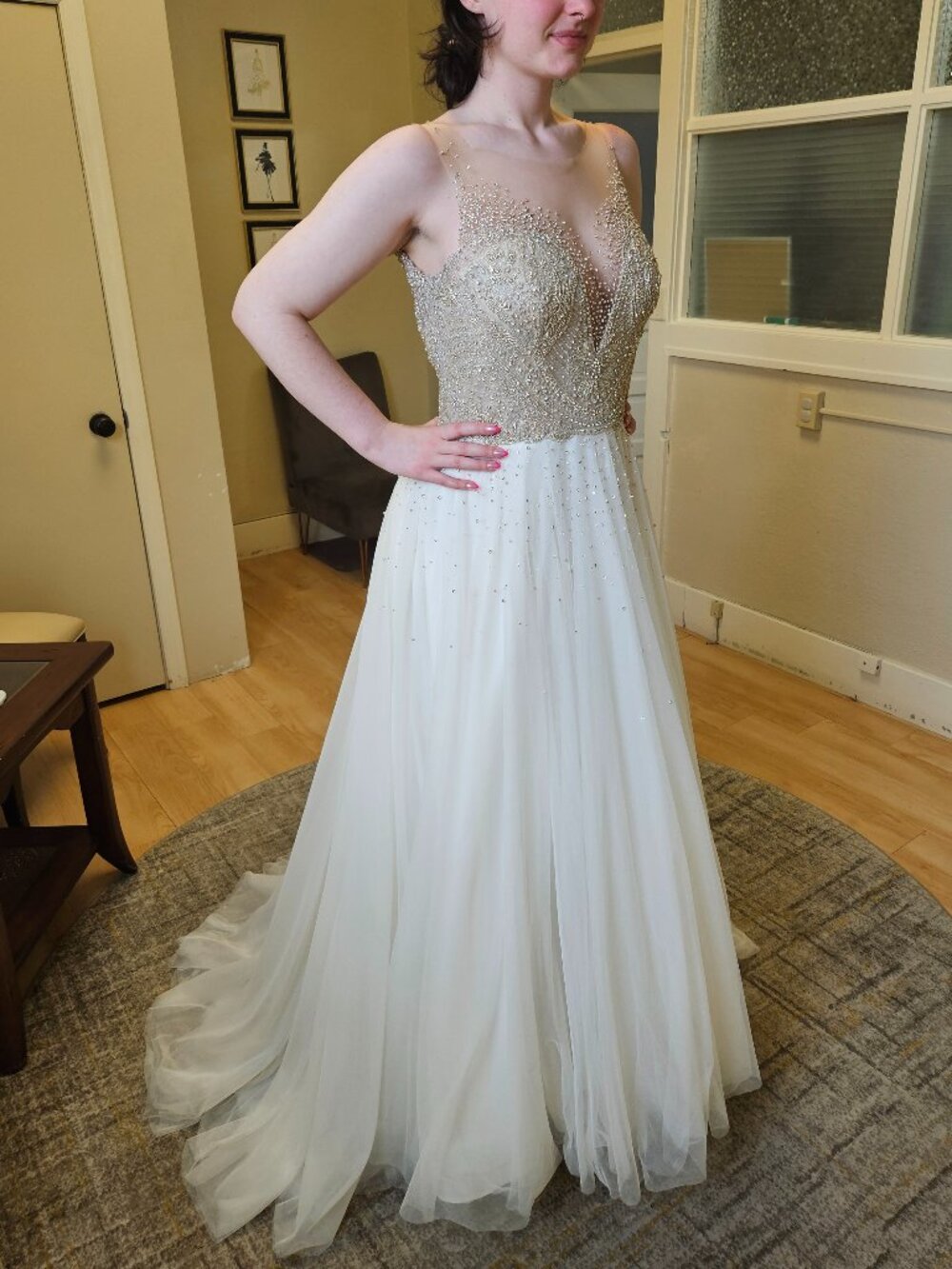 Size 12 Ivory/taupe fully rhinestoned tank strap net Aline bridal gown WTOO NWT